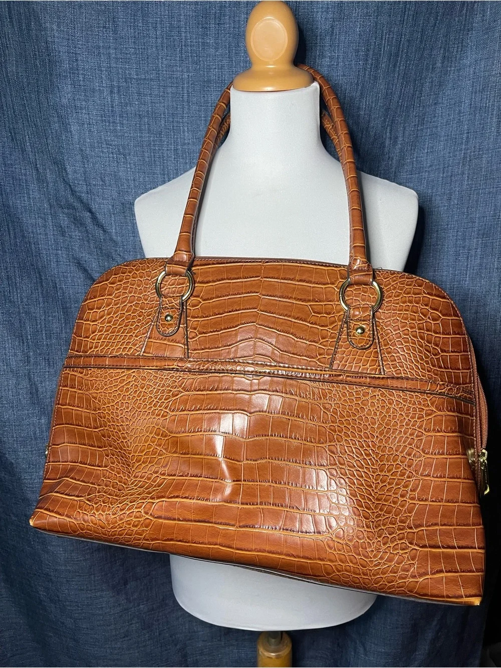 Liz Claiborne Cognac Croc-Embossed Tote with Dual Zip Pockets